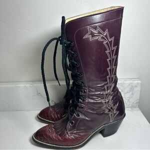 Vintage Western Tie Up Burgundy Festival 90s Boot Size 5.5 Mens 6.5 Wmns NARROW